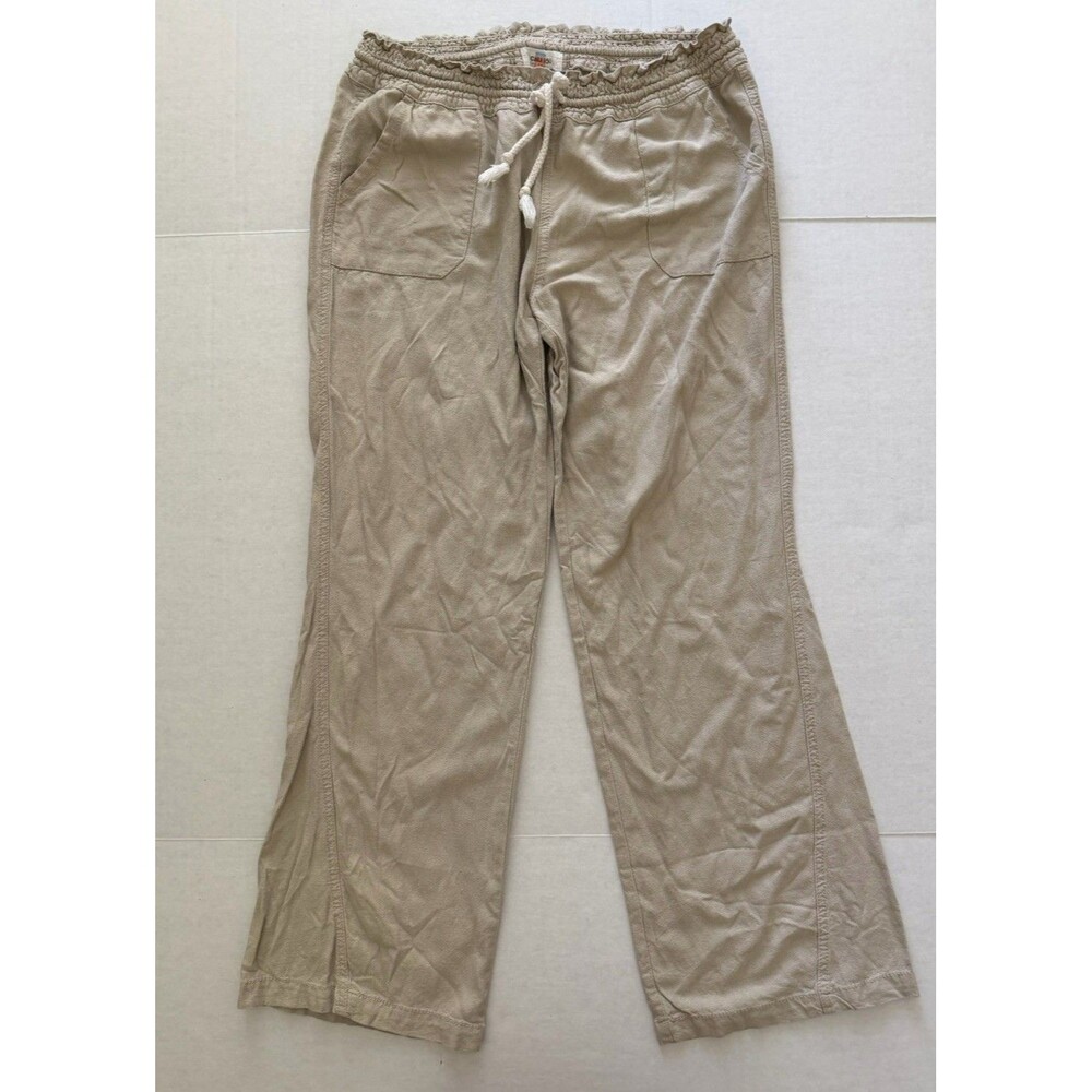 Cali 1850 Women's Large Linen Blend Wide Leg Pants Drawstring Waist Pockets Tan
